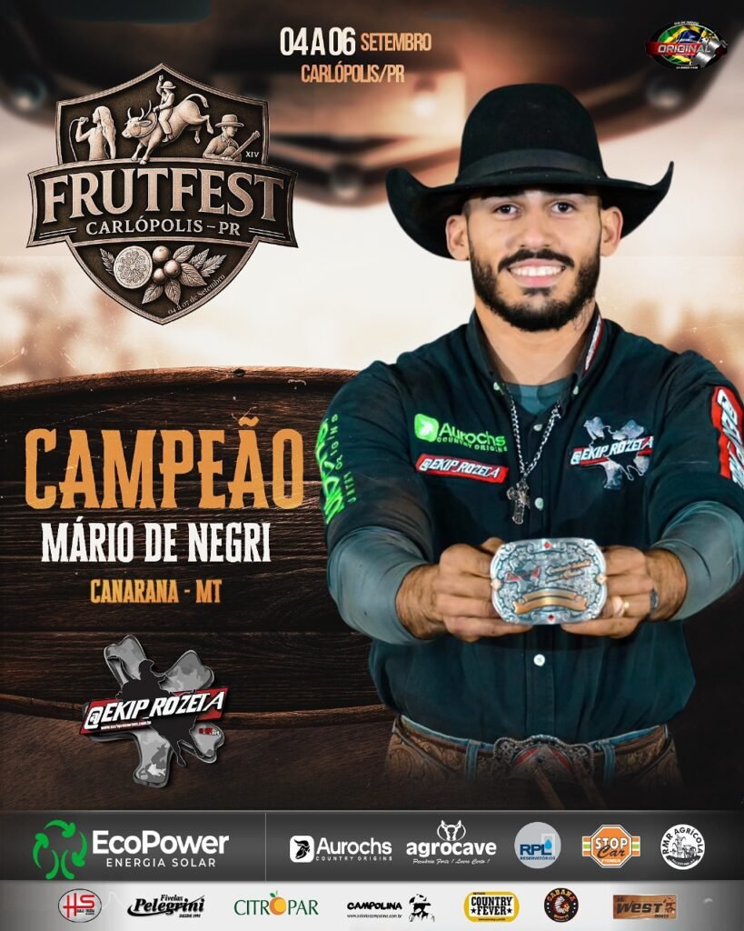 Canaranense Mário de Negri é o grande campeão do Rodeio da FrutFest em Carlópolis (PR)